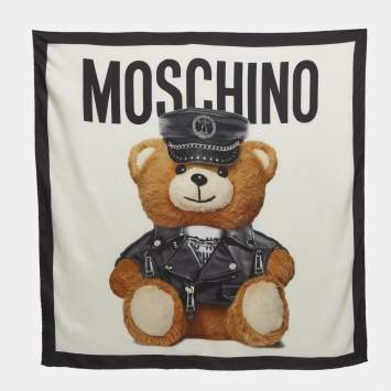 Pre Owned Moschino White Teddy Bear Print Silk Scarf 