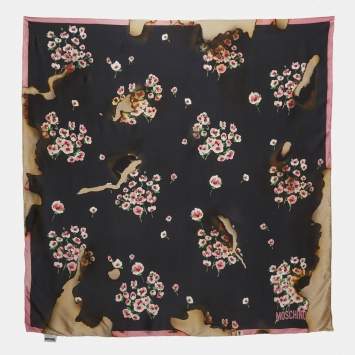 Pre Owned Moschino Black Floral Print Silk Scarf