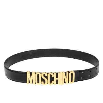 Pre Owned Moschino Black Leather Redwall Logo Waist Belt 94CM