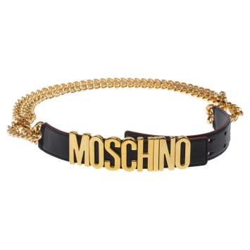 Pre Owned Moschino Black Leather 30th Anniversary Chain Belt 90CM