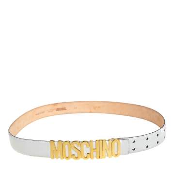 Pre Owned Moschino White Grained Leather Classic Logo Belt 95CM