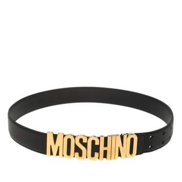 Pre Owned Moschino Black Grained Leather Classic Logo Belt 95CM