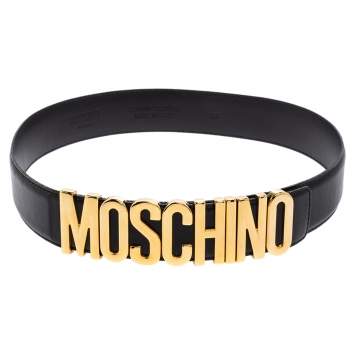 Pre Owned Moschino Black Leather Classic Logo Belt 75CM