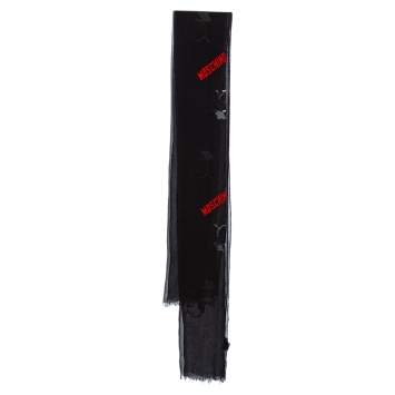 Pre Owned Moschino Black Olive Oyl Embroidered Silk Plisse Scarf