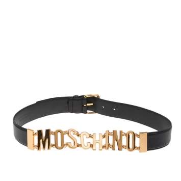 Pre Owned Moschino Black Leather Logo Chain Belt 95 CM