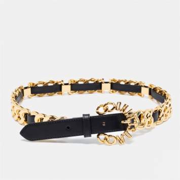 Pre Owned Moschino for H&M Black Leather Logo Buckle Chain Belt