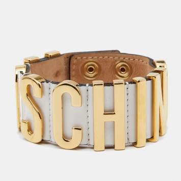 Pre Owned Moschino Logo Plaque White Leather Cuff Bracelet