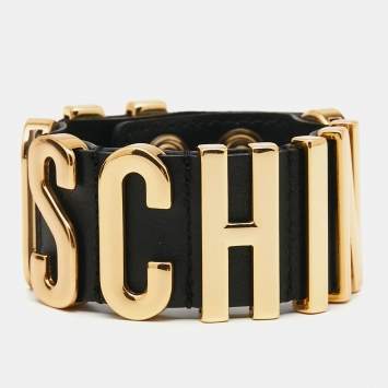 Pre Owned Moschino Black Logo Plaque Leather Wrap Bracelet