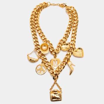Pre Owned Moschino Couture Gold Tone Multi Charms Double Layer Necklace