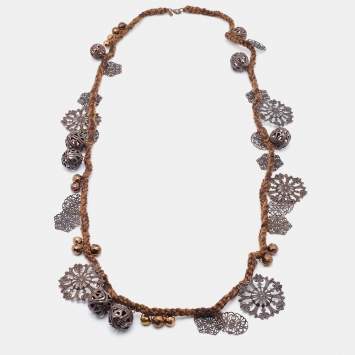 Pre Owned Moschino Brown Braided Charm Detail Long Necklace
