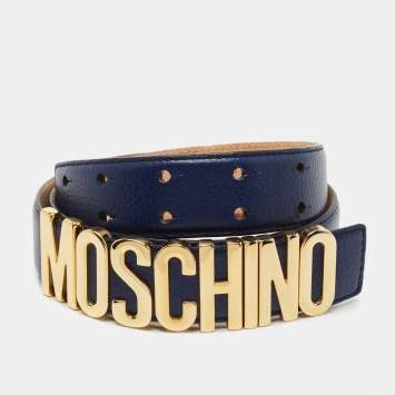 Pre Owned Moschino Blue Leather Logo Belt 85CM