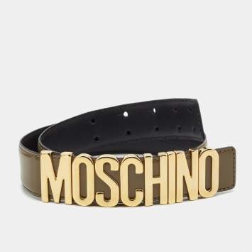 Pre Owned Moschino Olive Green Glossy Leather Classic Logo Belt