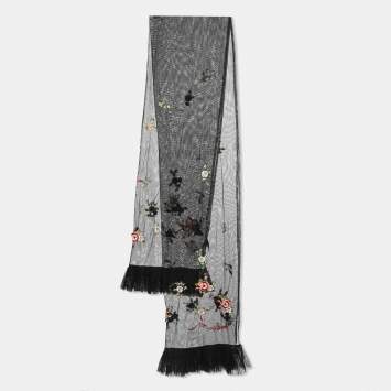 Pre Owned Moschino Black Floral Embroidered Mesh Ruffled Stole