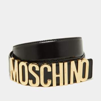 Pre Owned Moschino Black Leather Classic Logo Waist Belt 110 CM