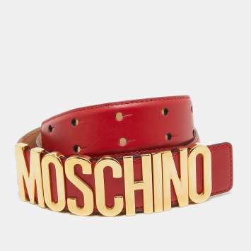 Pre Owned Moschino Red Leather Classic Logo Waist Belt 