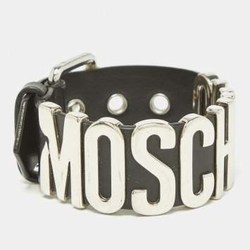 Pre Owned Moschino Black Leather Classic Logo Buckle Bracelet 