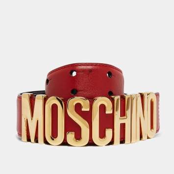 Pre Owned Moschino Red Leather Classic Logo Waist Belt