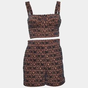 Pre Owned Moschino Brown Monogram Embossed Cotton Blend Shorts Set S