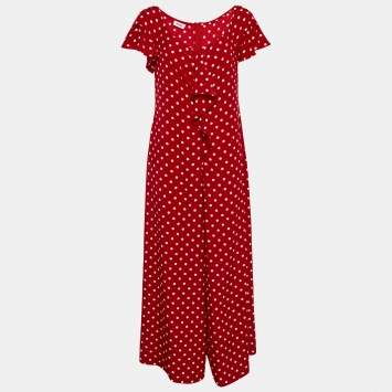 Pre Owned Moschino Red Polka Dot Print Silk Ruffled Jumpsuit L