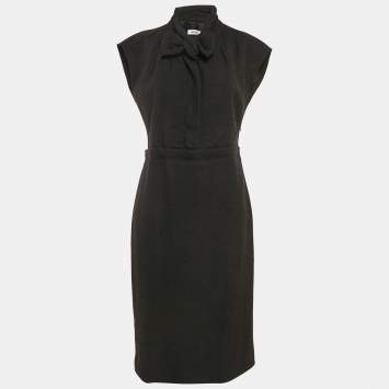 Pre Owned Moschino Black Wool Bow Detail Midi Sheath Dress M