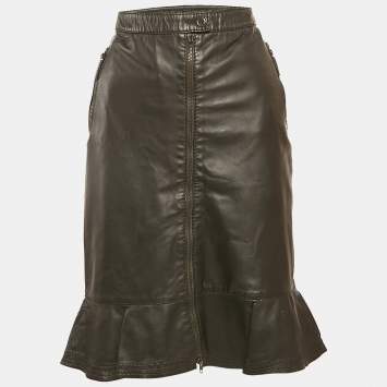 Pre Owned Moschino Brown Leather Flounce Hem Knee Length Skirt L