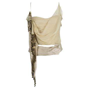 Pre Owned Moschino Striped Silk Chiffon Overlay Embellished Crop Top L