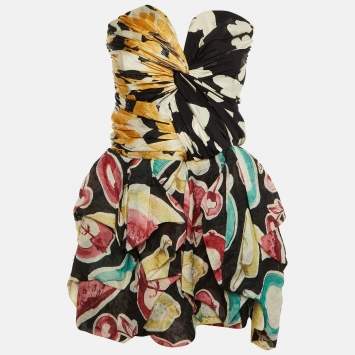 Pre Owned Moschino Black Printed Silk Strapless Mini Dress M