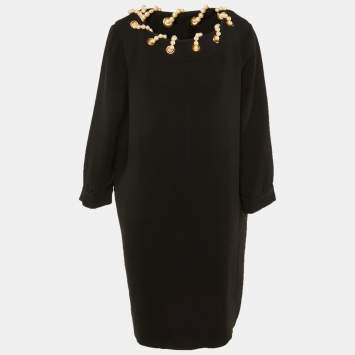 Pre Owned Moschino Black Crepe Pearl Detail Short Dress L