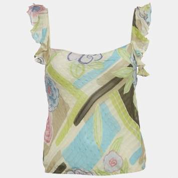 مملوكة مسبقًا بلوزة موسكينو حرير بطبعة متعددة الألوان بأكمام متموجة شفافة مقاس متوسط - ميديوم