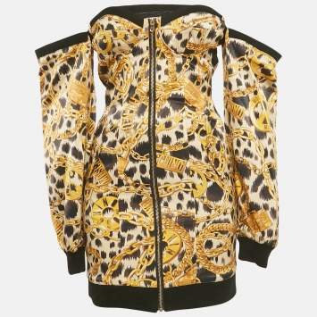 مملوكة مسبقًا فستان موسكينو x إتش آند إم أصفر ساتان مطبوع بأكتاف مكشوفة ميني مقاس صغير جدًا (إكس سمول)