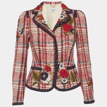 Pre Owned Moschino Multicolour Plaid Tweed Embroidered Jacket S