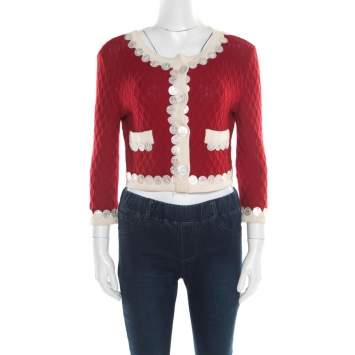 Pre Owned Moschino Red and White Wool Logo Button Detail Cropped Cardigan M