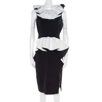 Pre Owned Moschino Monochrome Crepe Ruffled Trim Sleeveless Midi Dress M
