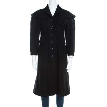 Pre Owned Moschino Black Wool Ruffled Trim Rosette Applique Button Front Long Coat M