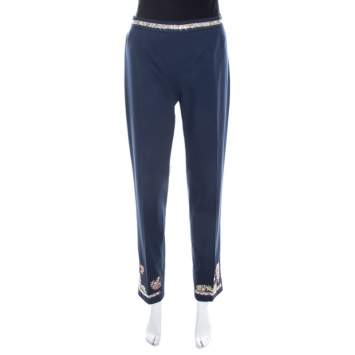 Pre Owned Moschino Navy Blue Cotton Embroidered Embellished Detail Fitted Trousers M 