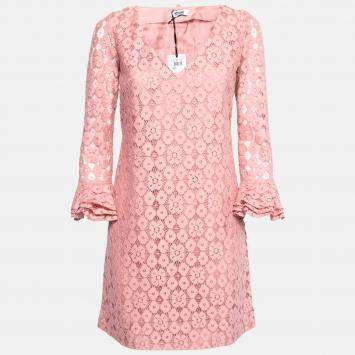 Pre Owned Moschino Cheap and Chic Pink Lace Frilled Sleeve Shift Dress S