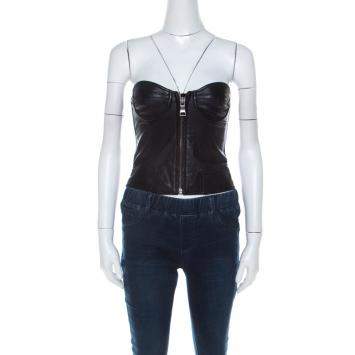 Pre Owned Moschino Cheap and Chic Black Leather Front Zip Corset Top S 
