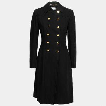Pre Owned Moschino Black Linen Gold Button Detail Trench Coat M 