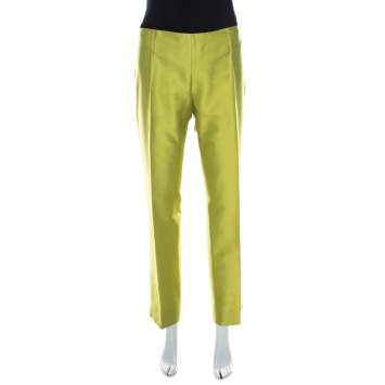 Pre Owned Moschino Bright Green Silk Blend Flat Front Straight Leg Trousers L 