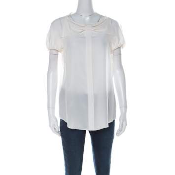 Pre Owned Moschino Cream Silk Crepe de Chine Bow Detail Short Sleeve Blouse L