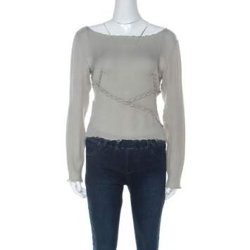 Pre Owned Moschino Couture Sage Green Textured Silk Long Sleeve Cropped Top M 