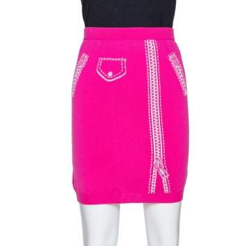 Pre Owned Moschino Couture Pink Wool Biker Optical illusion Mini Skirt M