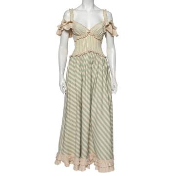 مملوكة مسبقًا Moschino Cream & Blue Striped Cotton Lace Trim Detailed Flared Maxi Dress S