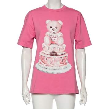 Pre Owned Moschino Pink Cotton Cake Teddy Bear Logo Printed Short Sleeve T-Shirt XS
