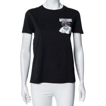Pre Owned Moschino Couture Black Teddy Bear Embroidered Cotton Crewneck T-Shirt S