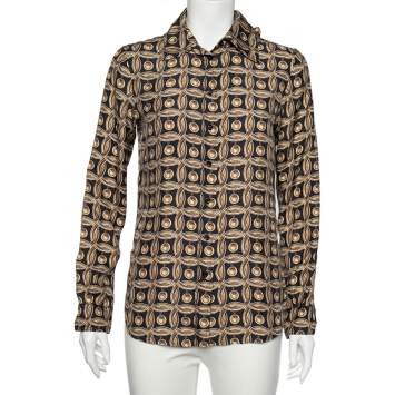 Pre Owned Moschino Gold Printed Silk Neck Tie Detail Button Front Shirt M