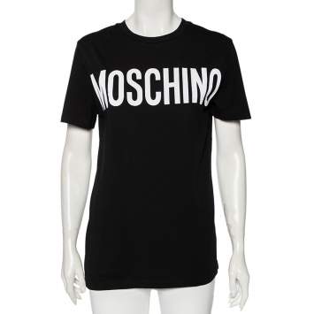 Pre Owned Moschino Black Cotton Logo Printed Short Sleeve T-Shirt M