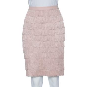 Pre Owned Moschino Pale Pink Crepe Fringed Pencil Skirt S