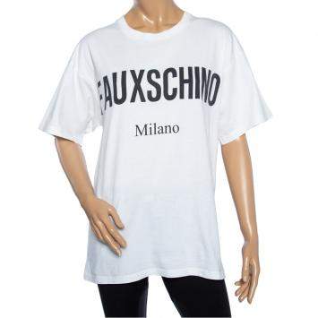 Pre Owned Moschino White Fauxchino Print Cotton Oversized T-Shirt S