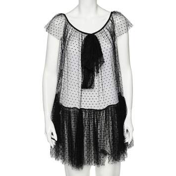 Pre Owned Moschino Black Tulle Ruffled Hem Bow Detail Sheer Mini Dress S